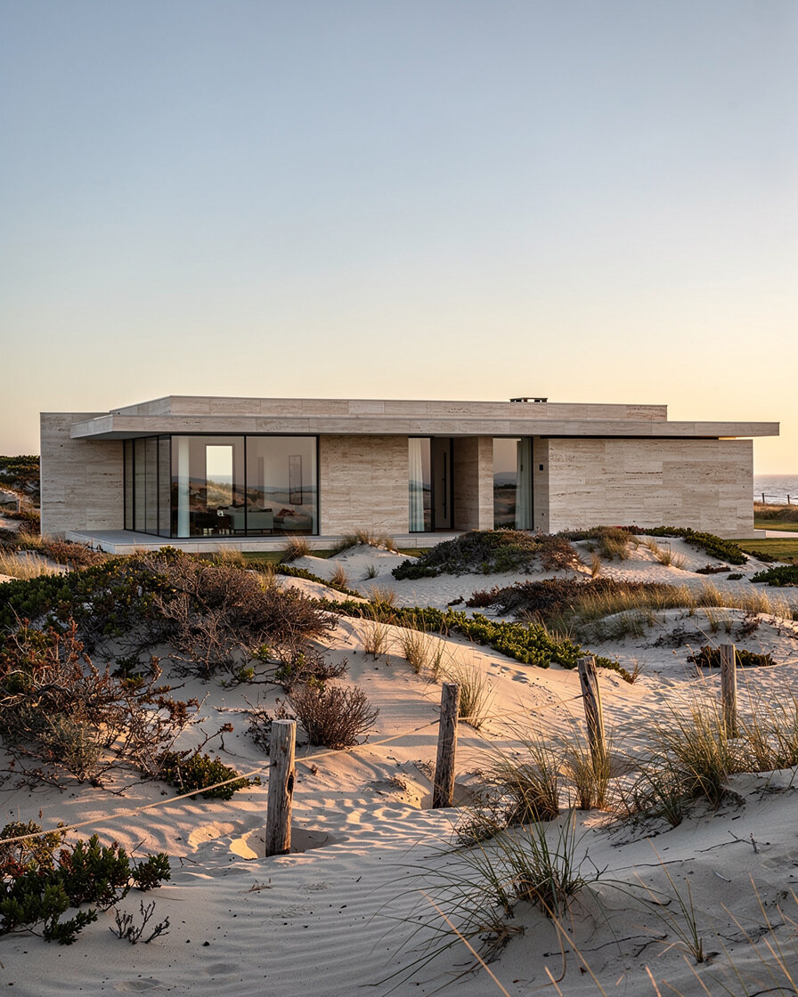Contemporary villa exterior surrounded by dunes and native vegetation